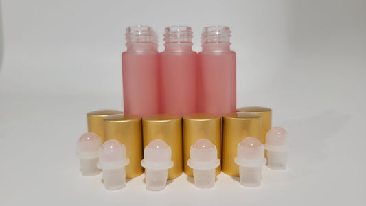 Luxury Frosted Glass Roll-On Bottle – Rose Quartz Roller & Matte Gold Cap (10ml) 6-pack