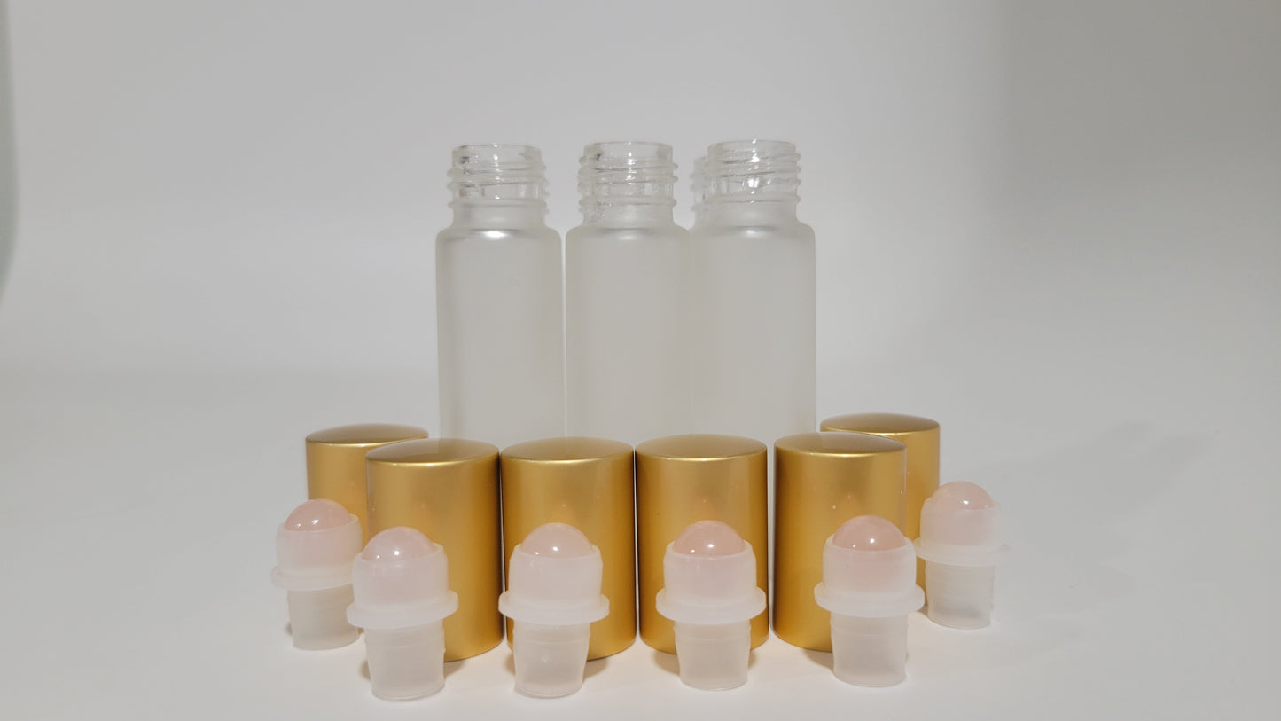 Luxury Frosted Glass Roll-On Bottle – Rose Quartz Roller & Matte Gold Cap (10ml) 6-pack